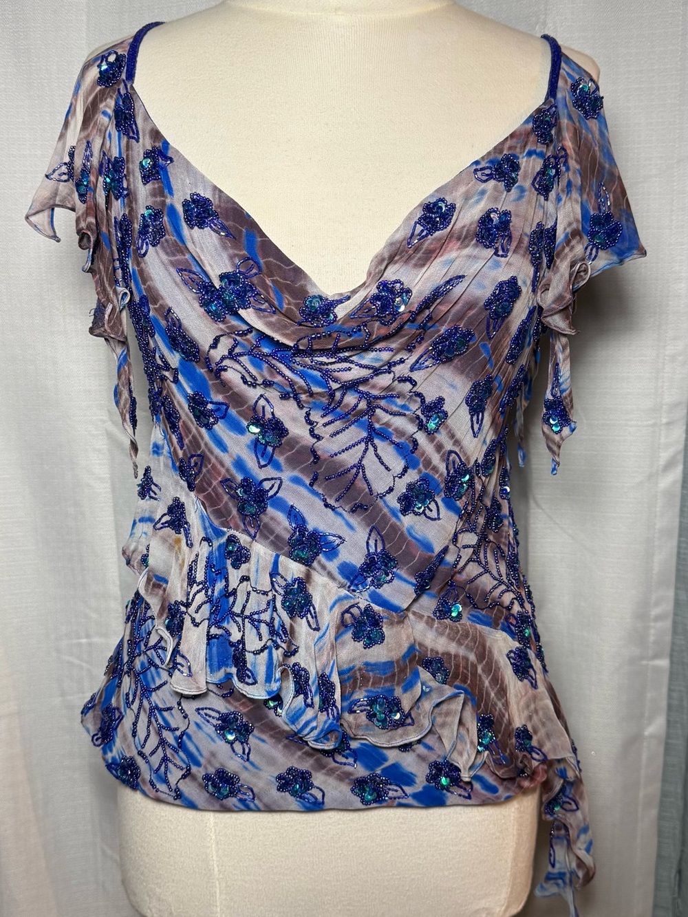 Beaded Floral Cowl-Neck Blouse in Blue and Taupe